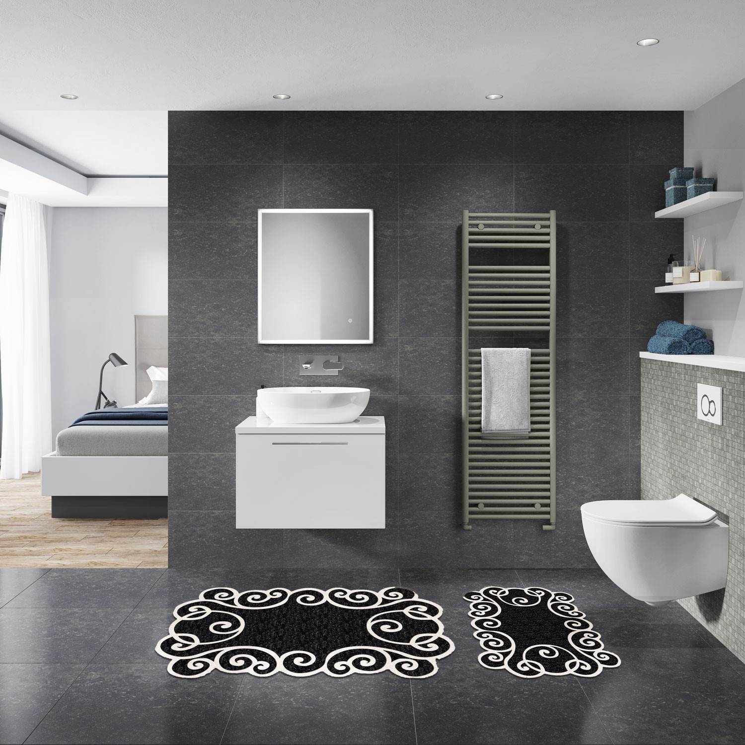 L'essentiel Maison Set od 2 tepiha za kupatilo, crno-bijeli