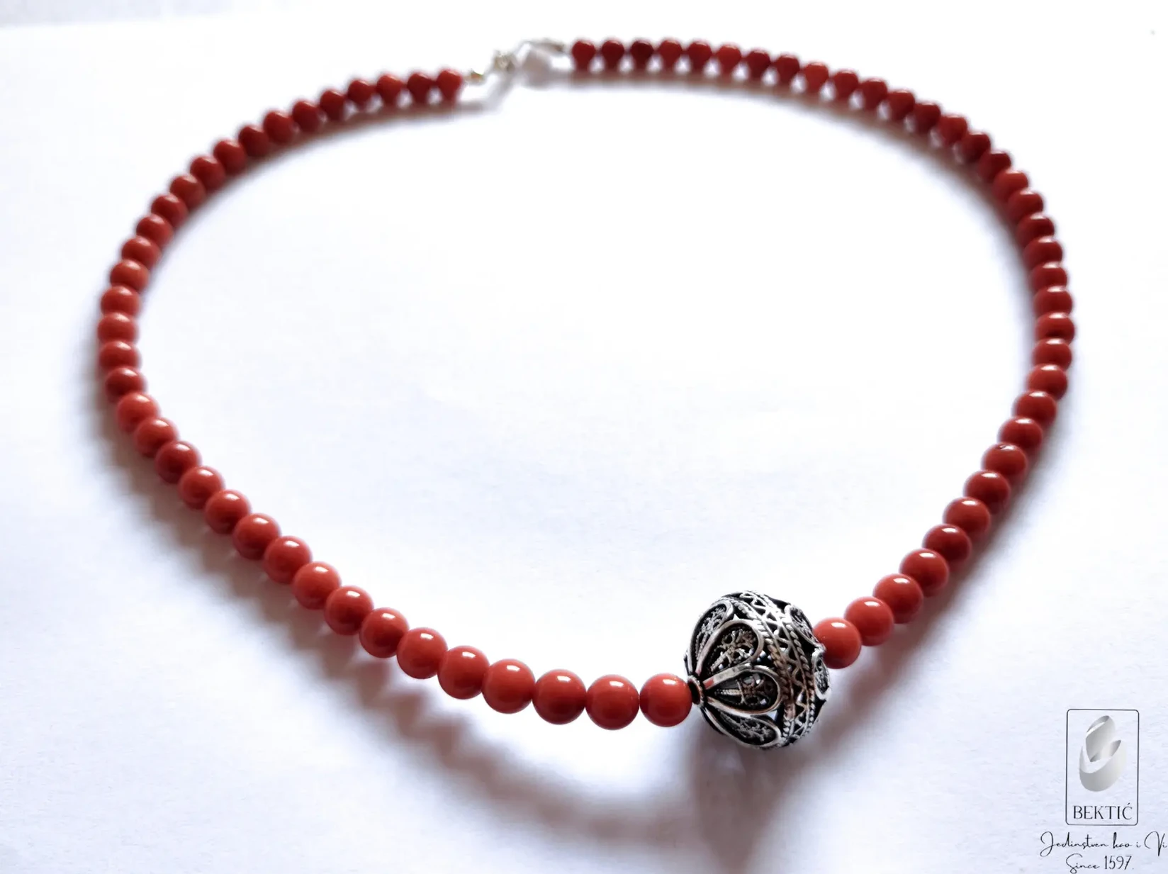 Ogrlica koral sa srebrom ručni rad, Crvena