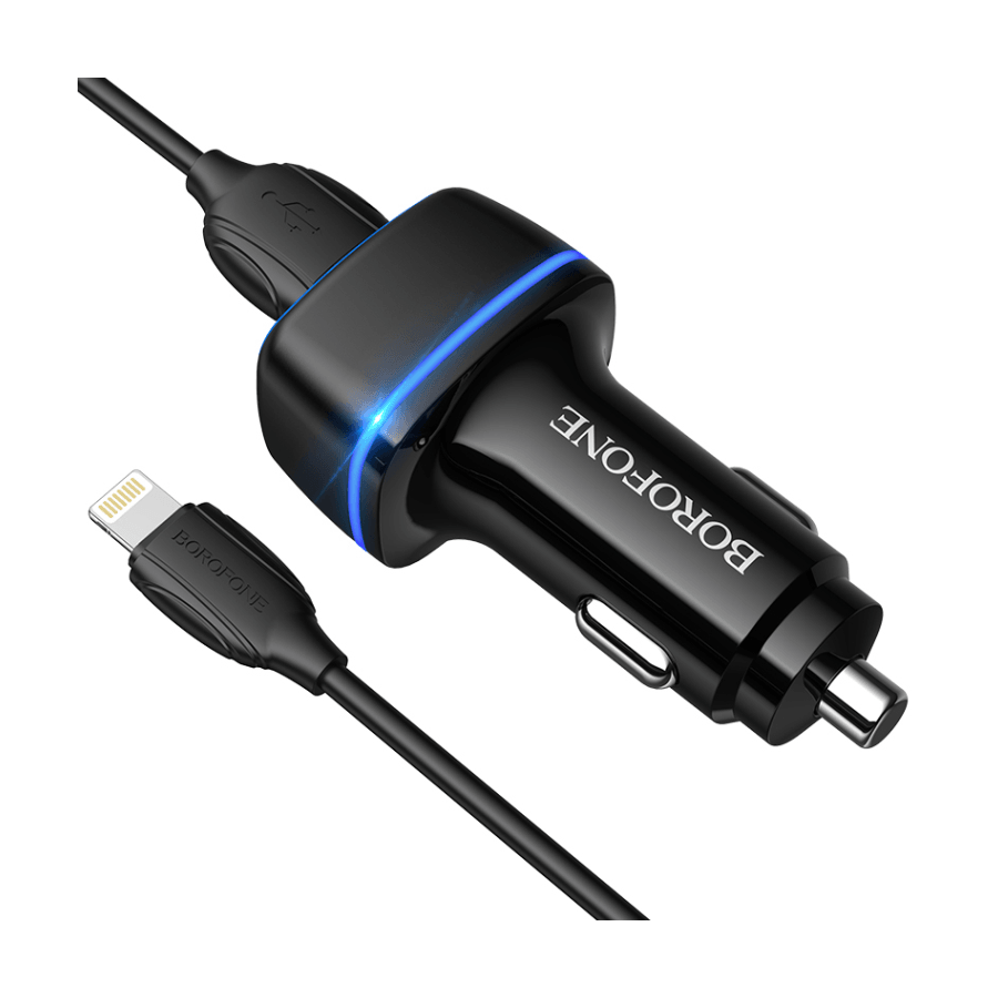 Borofone Punjač za telefon za automobil BZ14 Max, 2xUSB, 2.4A, Sa USB na Lightning kablom, Crni