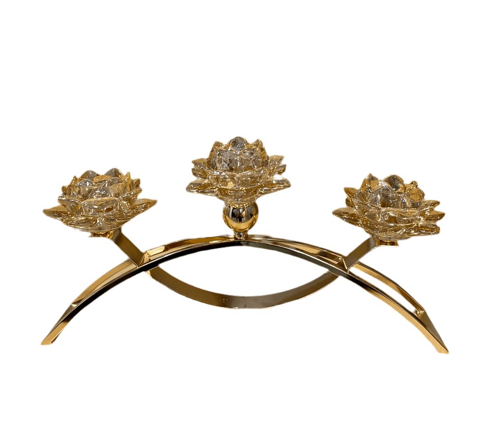 Milleryt Svijećnjak od 3 staklena cvijeta, Metalno postolje zlatne boje, 40 cm