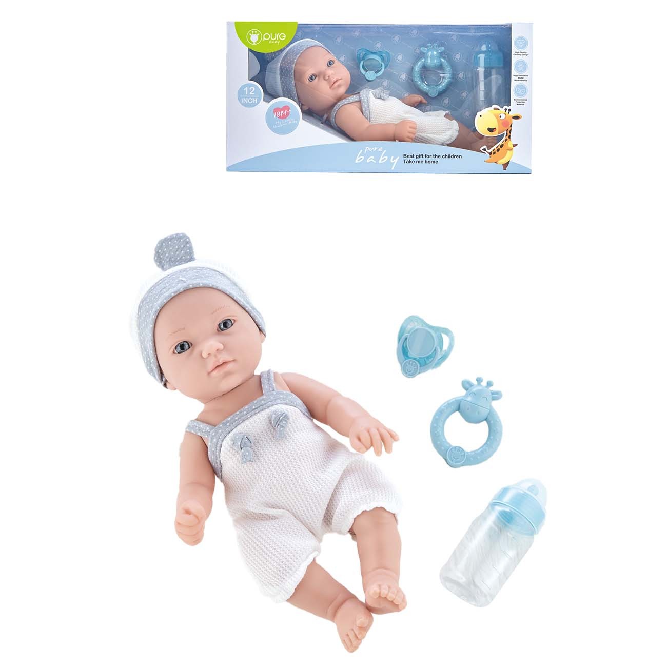 Beba sa dudom, zvečkom i flašicom, 30 cm