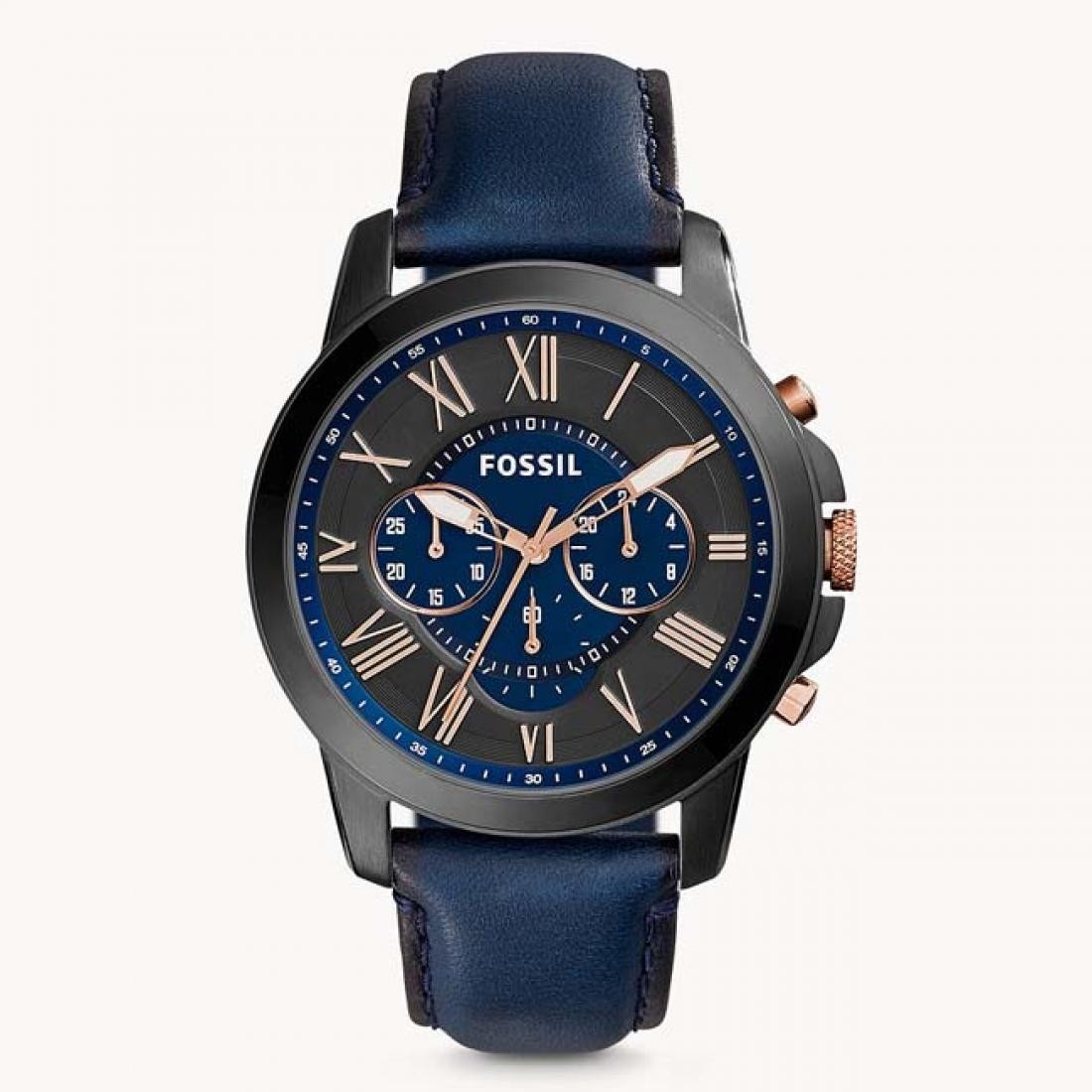 FOSSIL Muški ručni sat FS5061, Kvarcni mehanizam, Sivo kućište, Teget