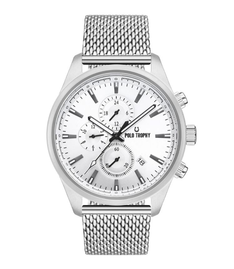 POLO TROPHY Muški ručni sat PTG92301P, Kvarcni mehanizam, Bijelo kućište, Srebrne boje