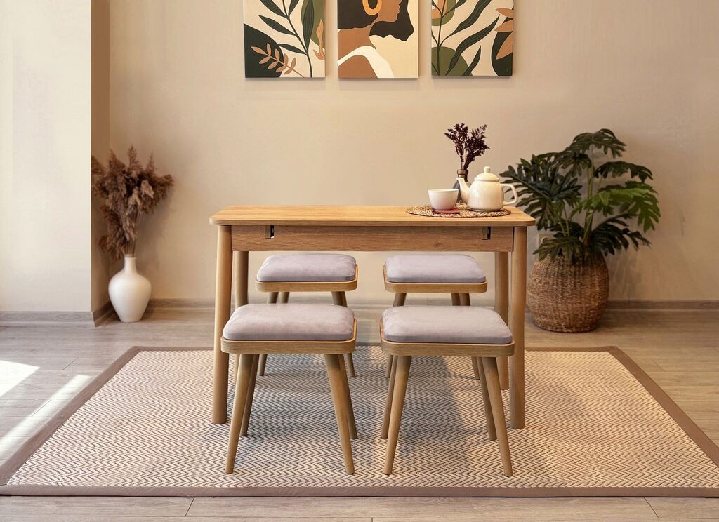 Hanah Home Set Trpezarijski sto i 4 trpezarijske stolice Vina Mini 05 0701, Svijetlo siva