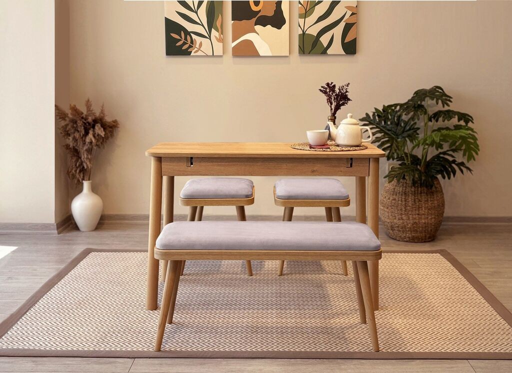 Hanah Home Set Trpezarijski sto, 2 trpezarijske stolice i klupa Vina Mini 04 0701, Siva