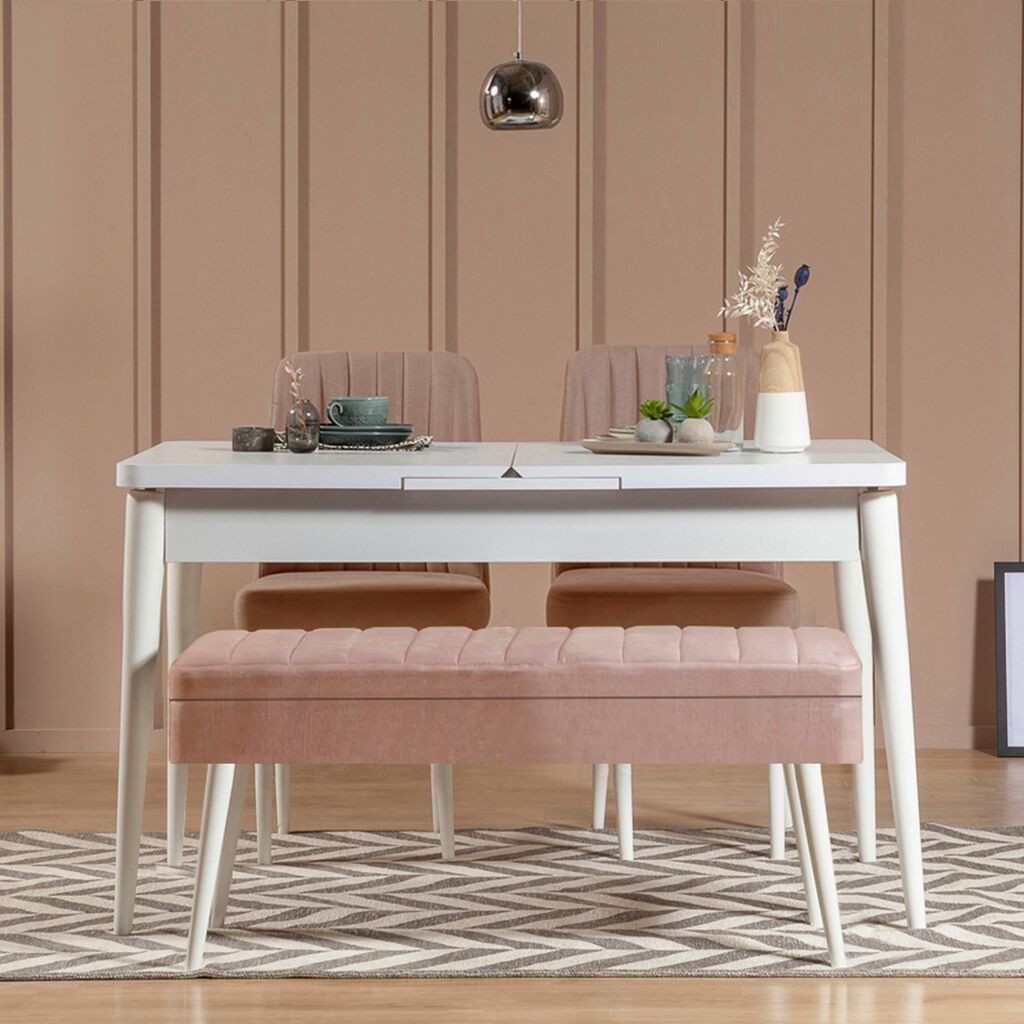 Hanah Home Set Trpezarijski sto, 2 trpezarijske stolice i klupa Vina 0900 3, Prljavo ružičasta