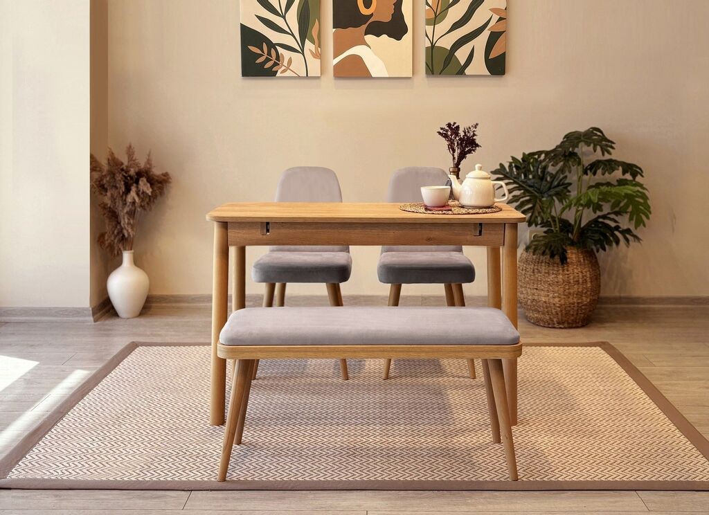 Hanah Home Set Trpezarijski sto, 2 trpezarijske stolice i klupa Vina Mini 01 0701, Svijetlo siva