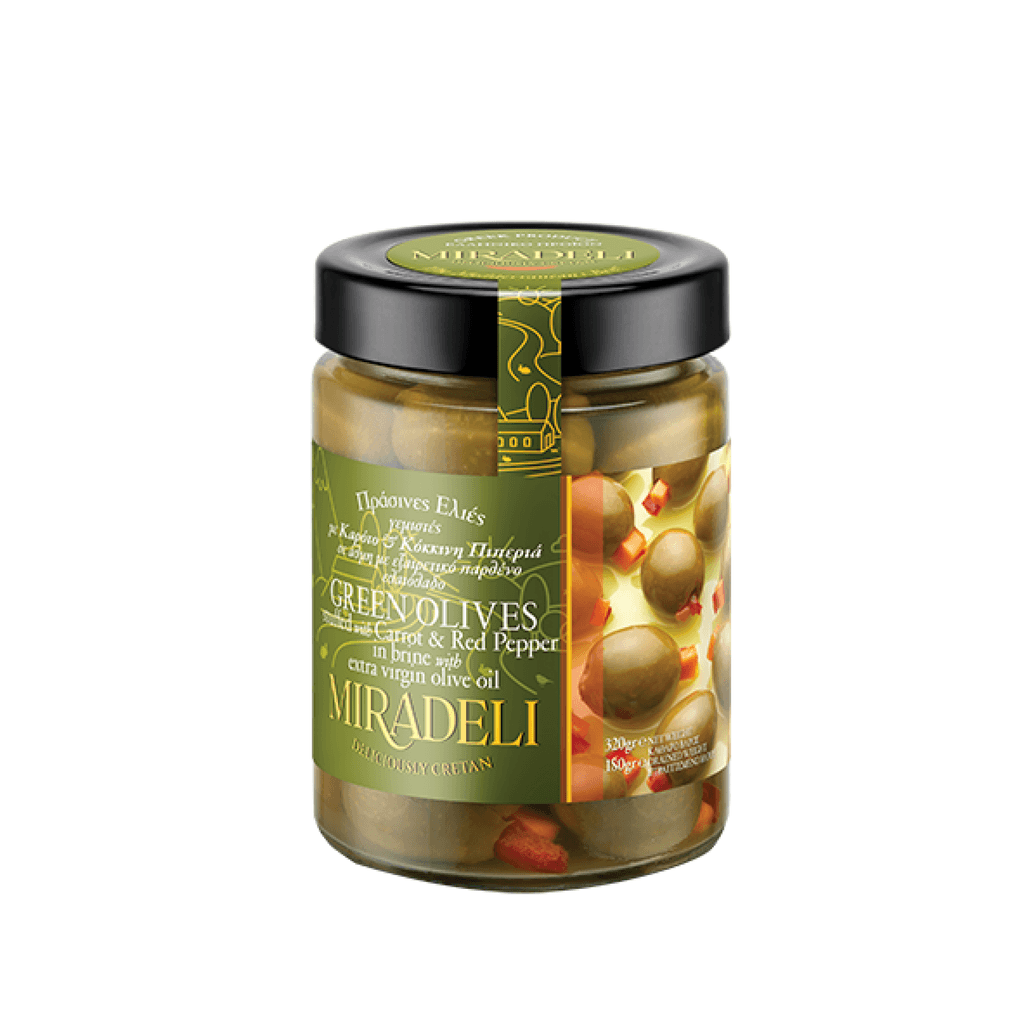 Miradeli Zelene masline punjene šargarepom i crvenom paprikom u tegli 320g