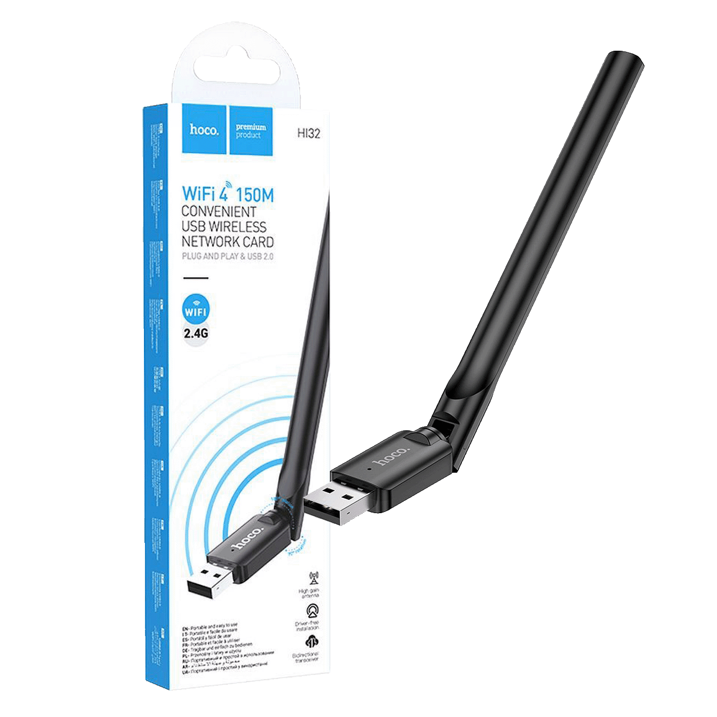 Hoco. Wi-Fi mrežna kartica HI32 WiFi4 USB, USB, 5 dB, 150 Mbps, Crna