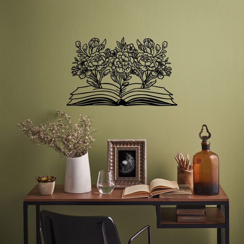 Wallity Zidna dekoracija Knjiga s cvijećem - 497, 43 x 70 cm, Crna