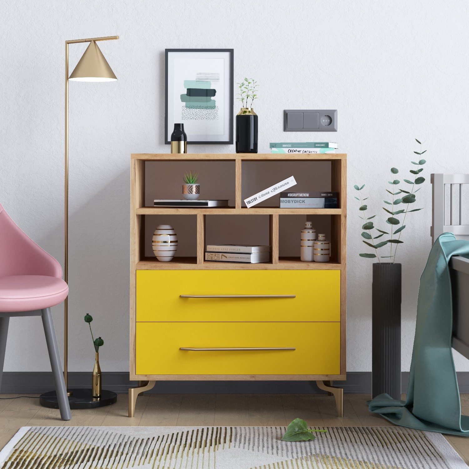 Hanah Home Komoda s ladicama ALBA 70x85,6x40cm Zlatno-hrastova