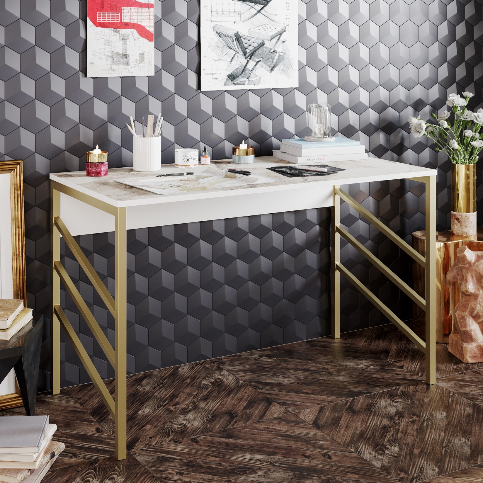 Hanah home Radni sto 120x75x60cm Zlatno-bijeli