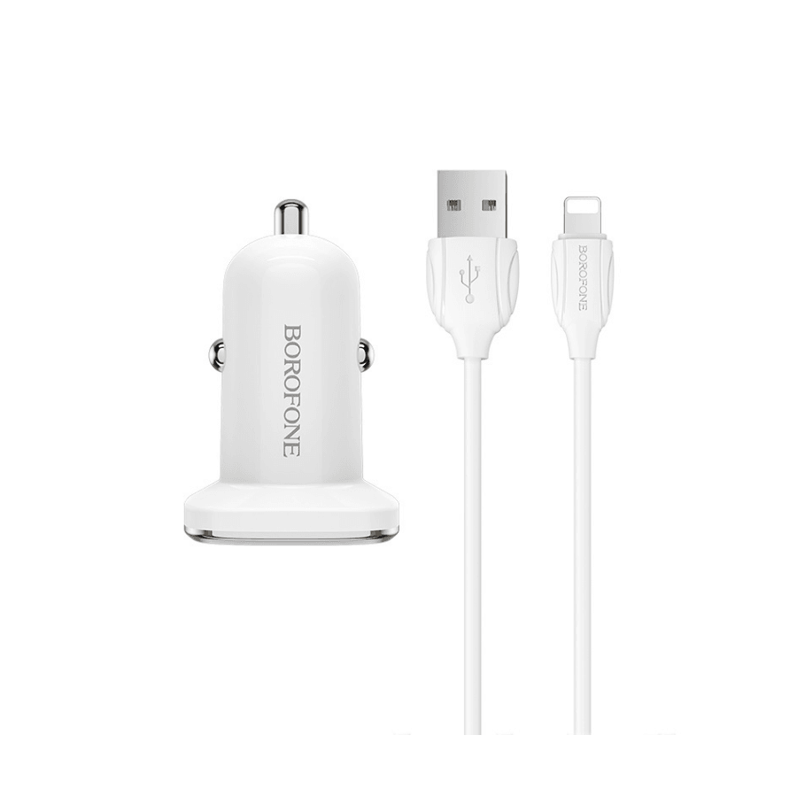 Borofone Auto punjač BZ12 Trajno napajanje - 2XUSB - 2,4A sa USB lighting kablom, Bijeli