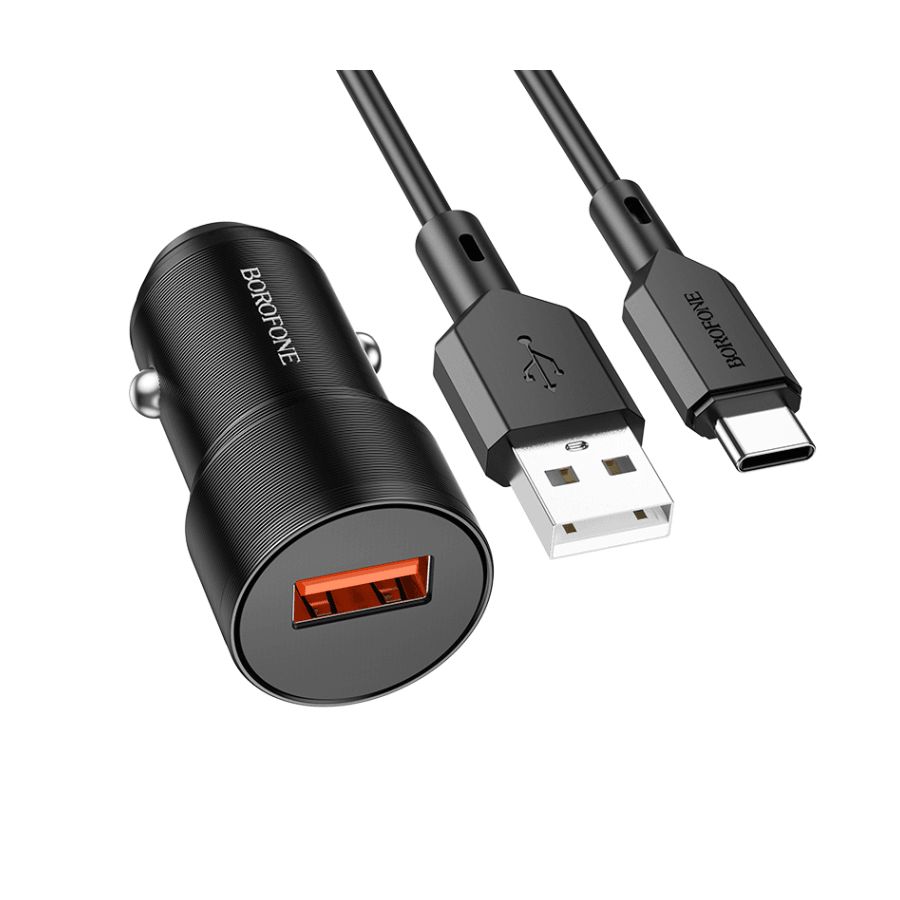 Borofone Auto Punjač sa kablom 1m USB to Type-C BZ19A Wisdom single port QC3.0 USB, Crni
