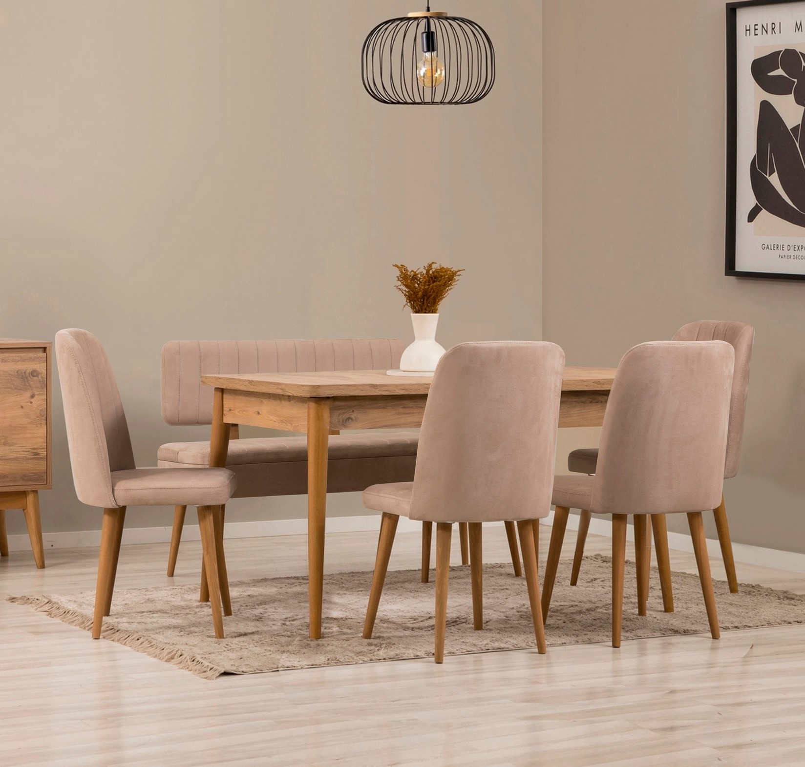 Hanah Home Set trpezarijski sto, 4 trpezarijske stolice i klupa, boja vina i bež