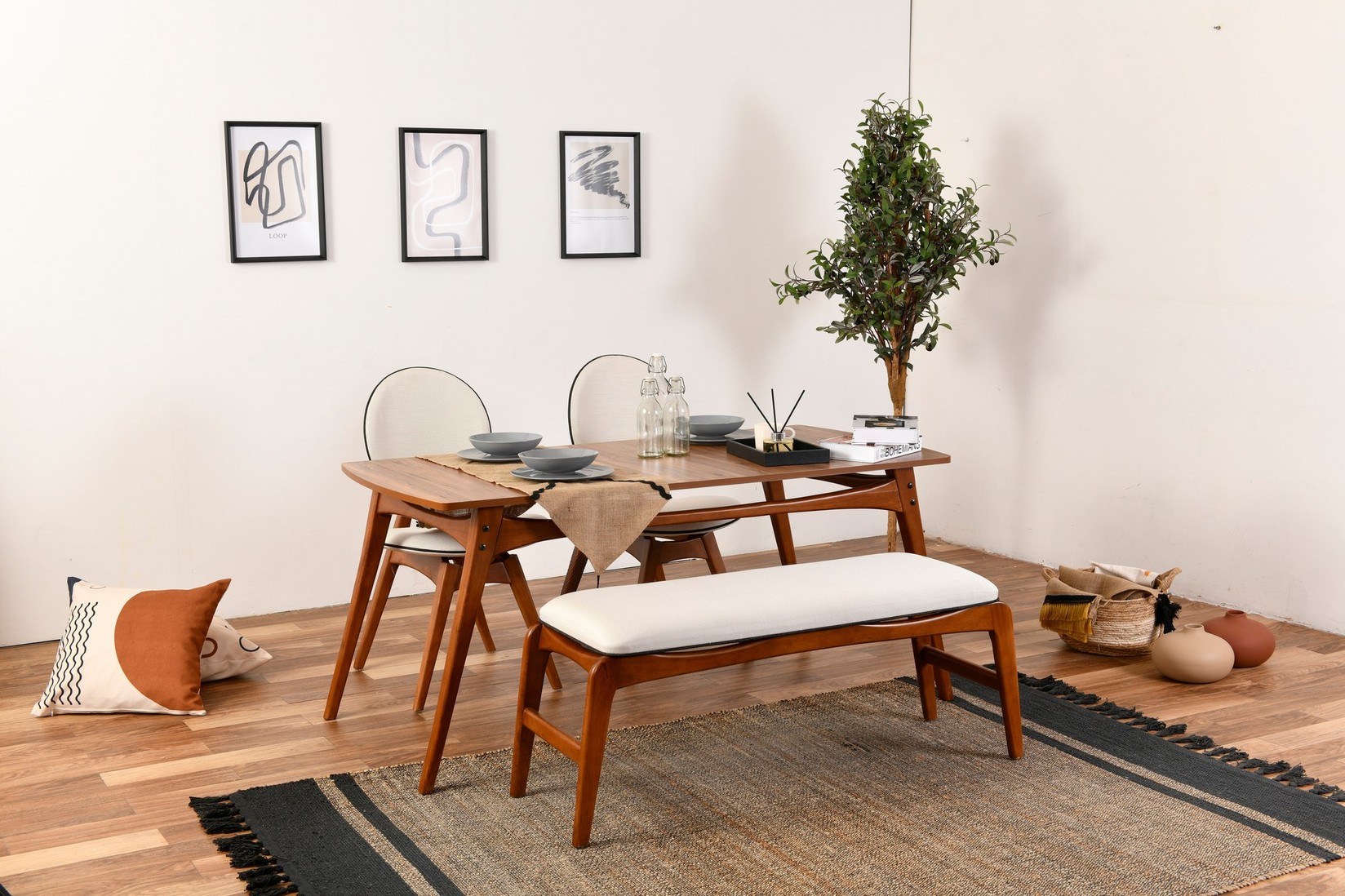 Hanah home Set trpezarijski sto, 2 trpezarijske stolice i klupa Touch Walnut