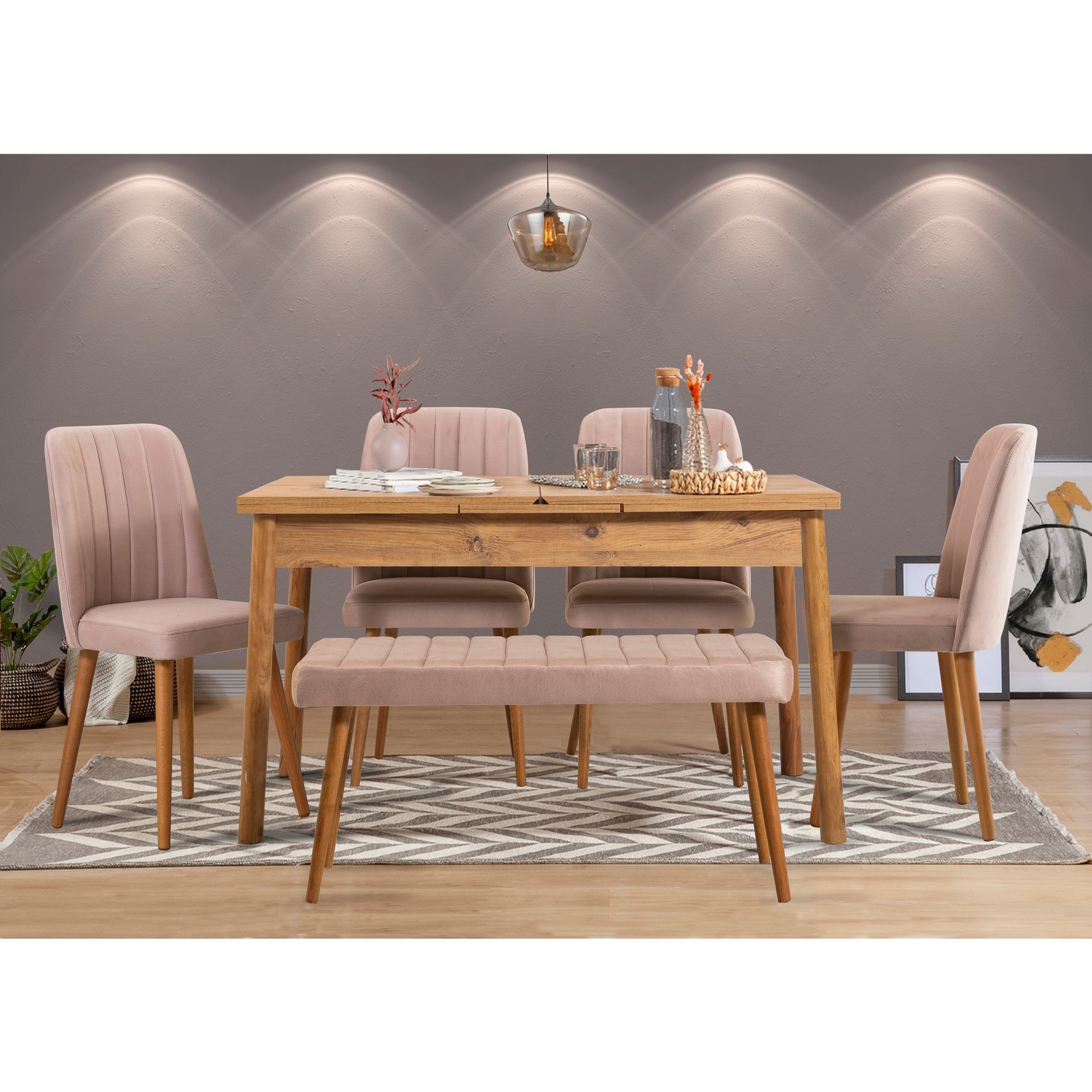 Hanah Home Set trpezarijski sto, 4 trpezarijske stolice i klupa Santiago Atlantic Beige