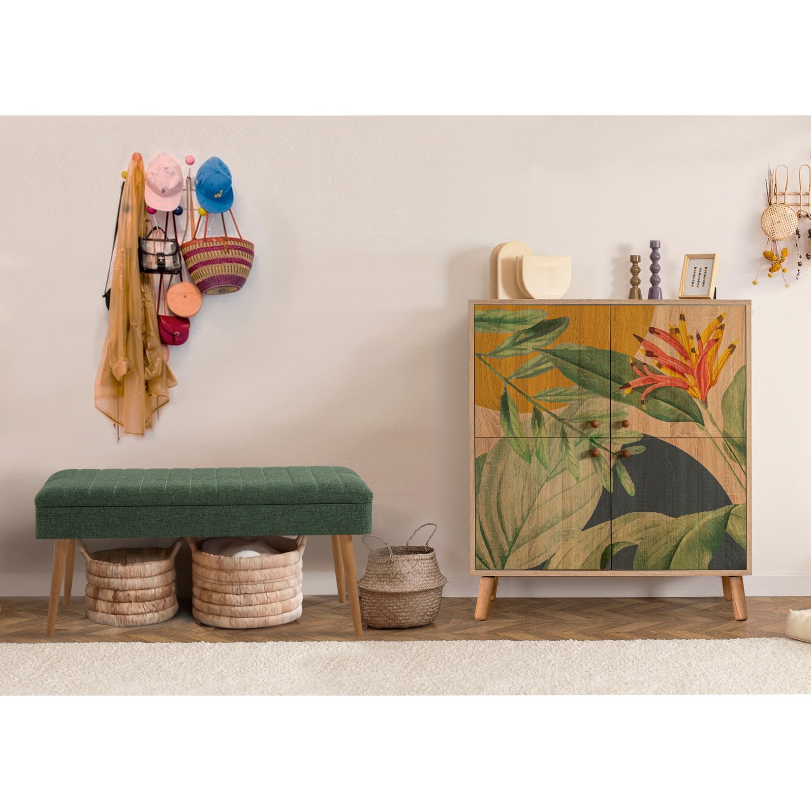 Hanah Home Set za hodnik, ormarić za cipele i klupa, hrastovo-zelena