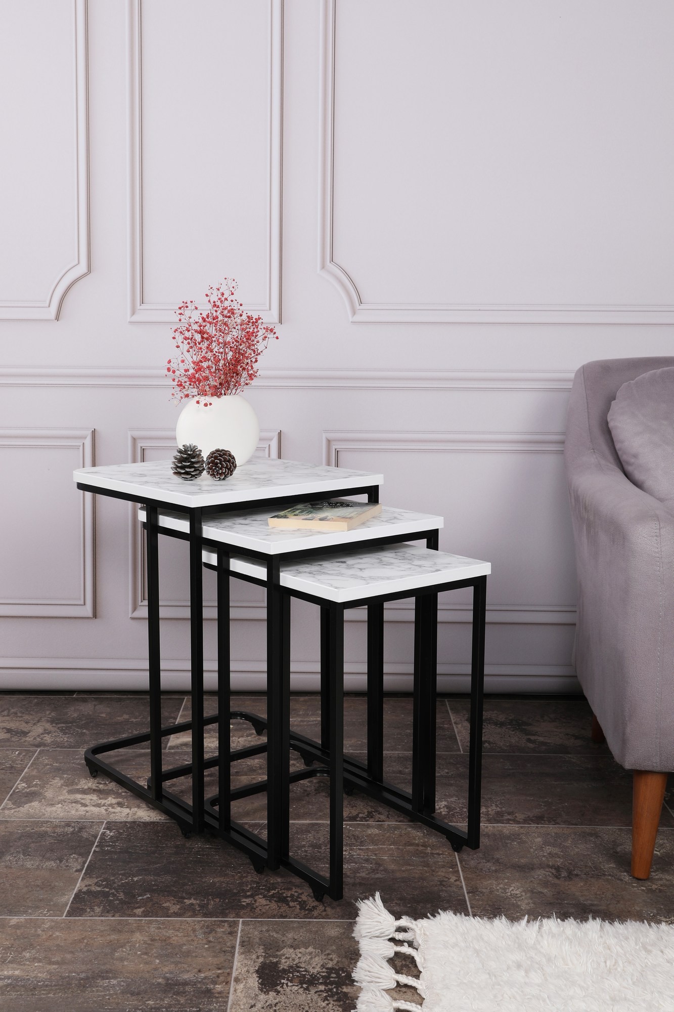 Hanah Home Set klub stolova, 3 komada Ce Metal Zigon Bijelo-Crni