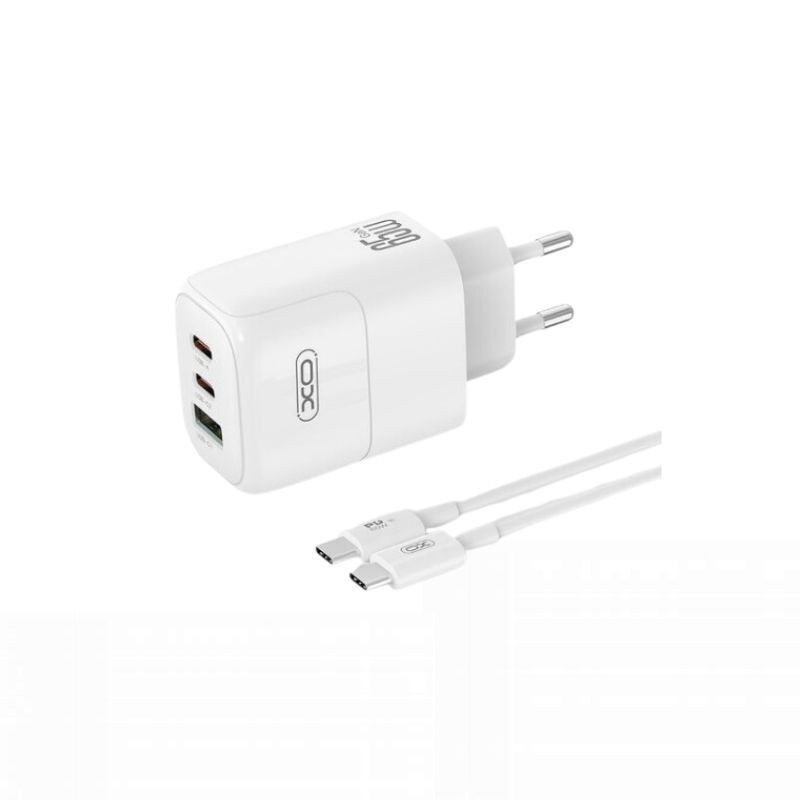 XO Kućni punjač L139, USB-A, USB-C, 65W, Brzo punjenje, Bijeli + USB-C kabl, Bijeli