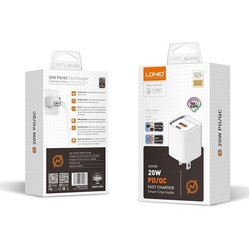 Ldino Kućni punjač A2318C PD, Bijeli + USB-C na Lightning kabl, QC 3.0, 20W, Bijeli