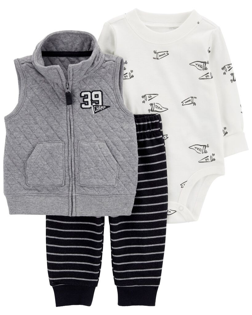 Carters Komplet za bebe, Prsluk, Bodi i Donji dio, 1R982410, Sivi