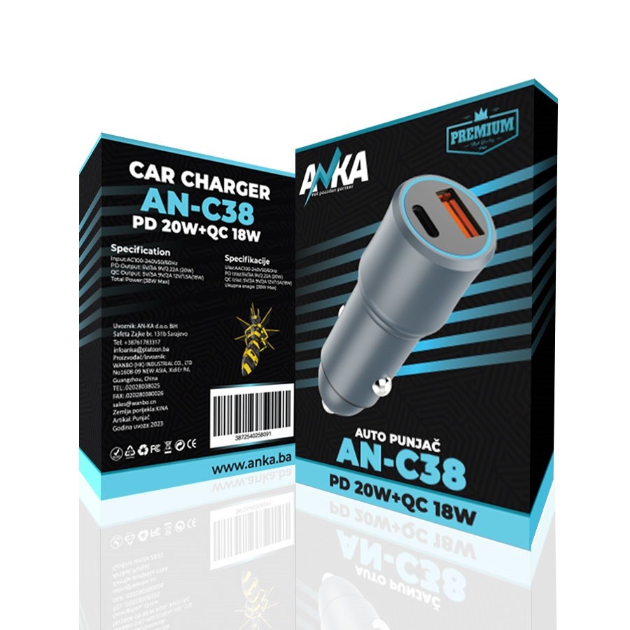 Auto Punjac AN-C38 PD+QC 38W 2 Port Anka