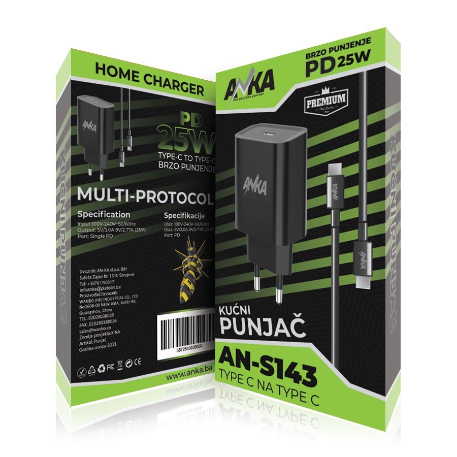 Punjac Kućni AN-S143 PD 25W Type-C to Type-C 1 Port Anka