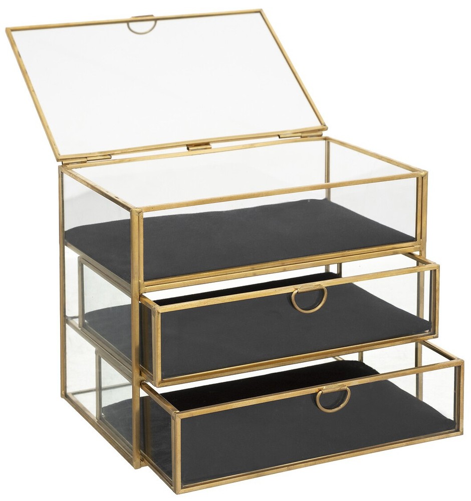 Atmosphera Kutija za nakit od stakla i baršuna s 3 ladice, 18.2 x 15 cm, crne boje