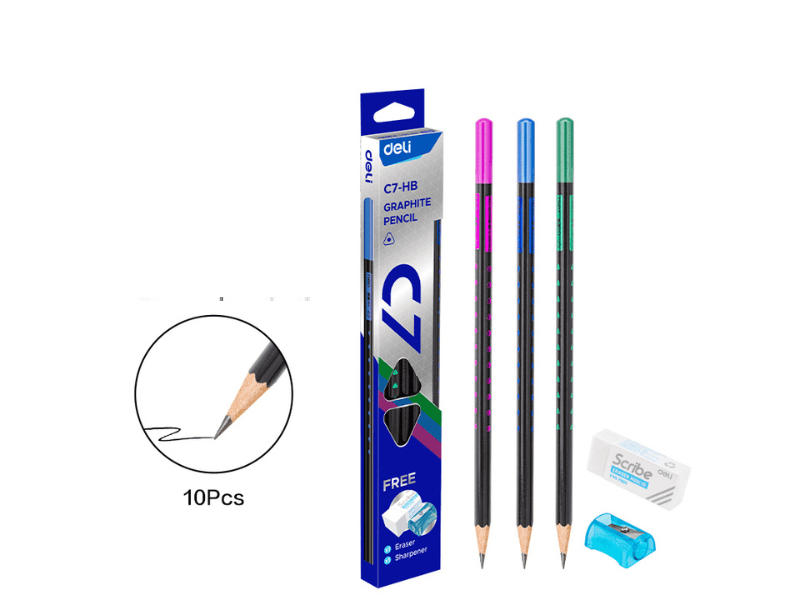 DELI Set trokutastih grafitnih olovaka, gumice i rezača EC7-HB, 10 dijelova