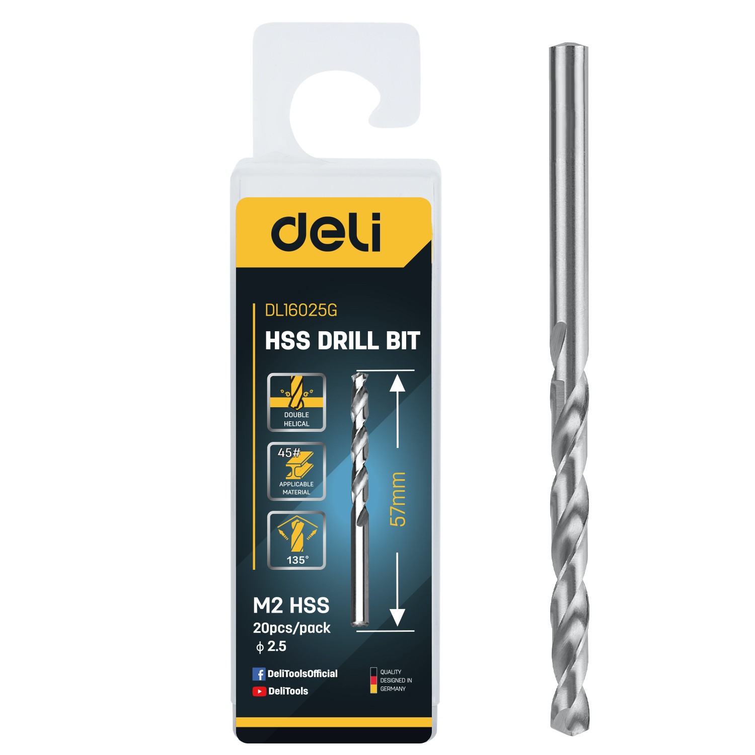 DELI Spiralna svrdla HSS EDL16025G, Za metal, 2,5 mm, 20 komada