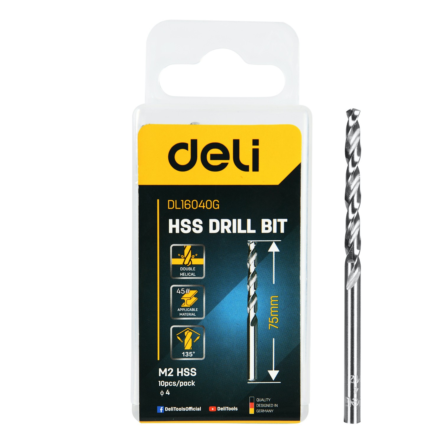 DELI Spiralna svrdla HSS EDL16040G, Za metal, 4,0 mm, 10 komada