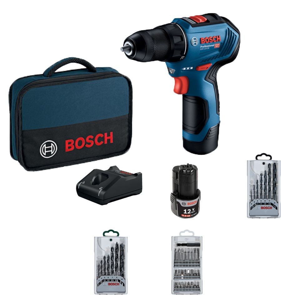 Bosch akumulatorska bušilica-odvijač GSR 12V-30 + 39-dijelni set pribora Torba 2x2.0Ah 06019G9001