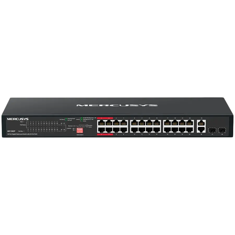 Mercusys Switch MS128GP, 24 PoE+ porta, 2 PoE , SFP, Crni