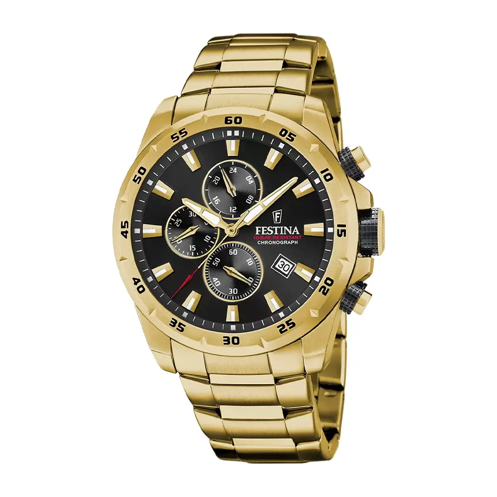 FESTINA Muški ručni sat F20541/4, Kvarcni mehanizam, Crno kućište, Zlatne boje