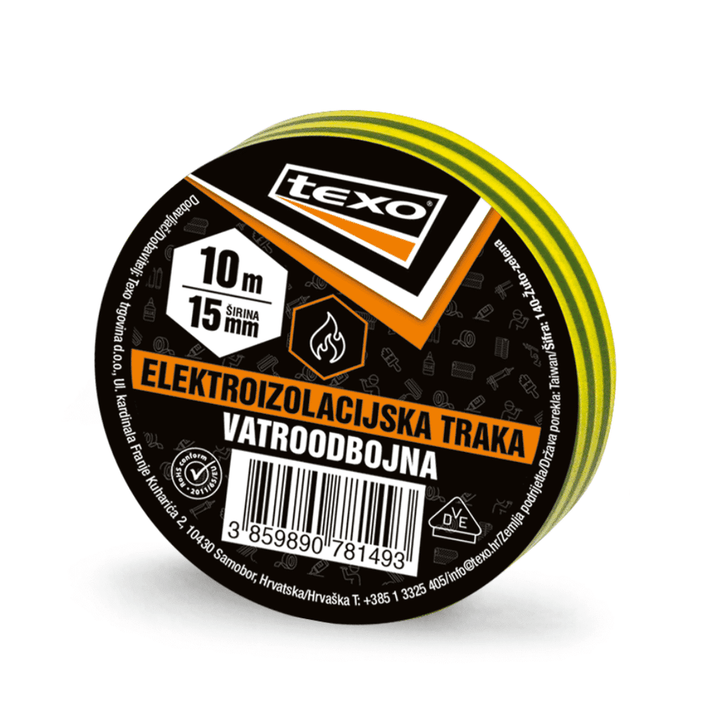 Texo Elektroizolacijska traka, 15 mm x 10 m, Žuto-zelena